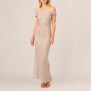 Adrianna Papell Off Shoulder Dress With Floral Embellishment In Marble